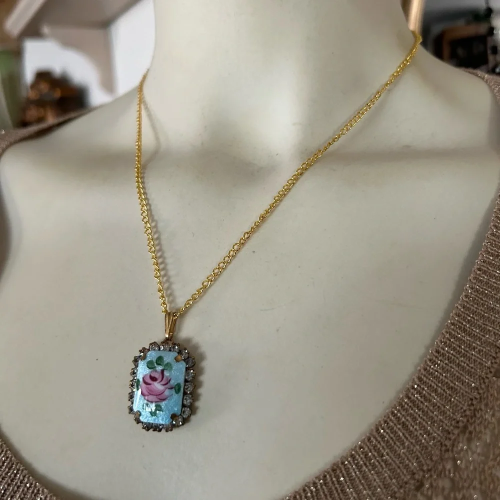 Vintage Guilloché Rose Pendant Necklace